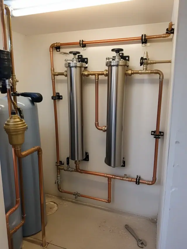 Whole-house scale prevention system with copper pipes installed in a residential utility room in Mesa, AZ.