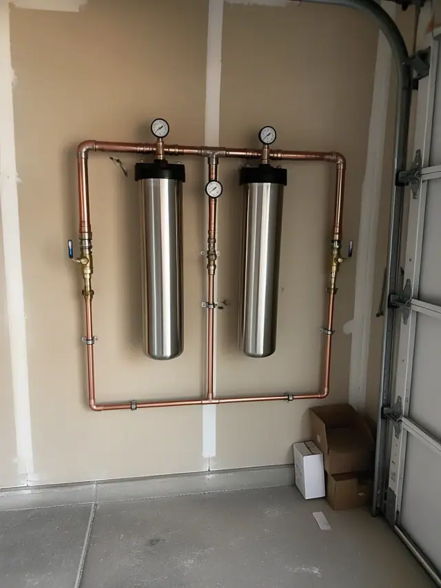 Saltless water filtration system with copper piping installed in a residential garage in Mesa, AZ.