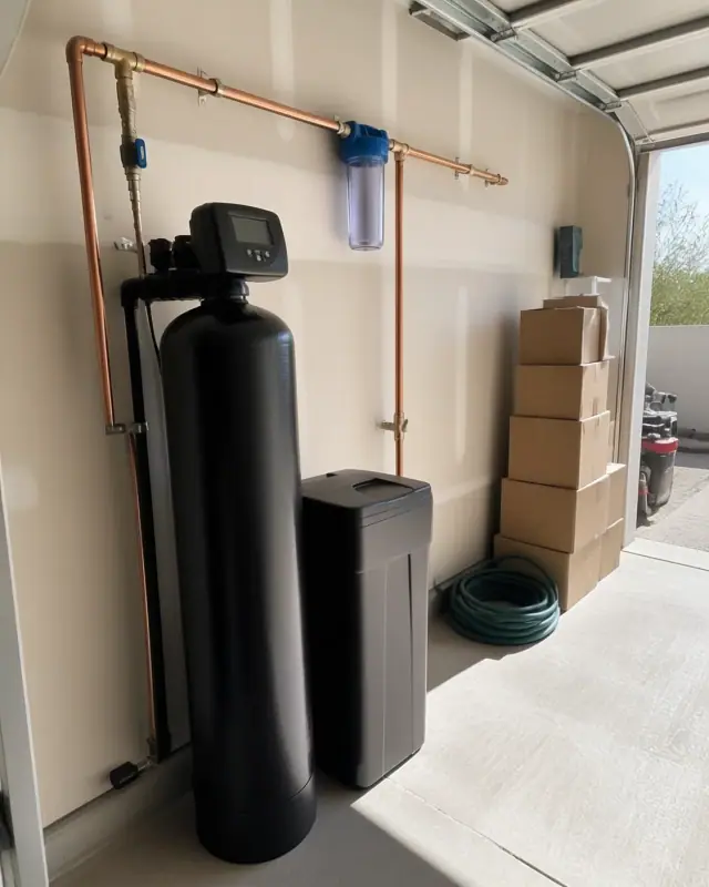 Newly installed water softener system with copper piping inside a residential garage in Chandler, AZ.