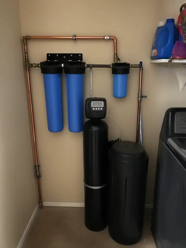 Whole house water filtration system with blue filter housings and a salt tank installed in an Apache Junction, AZ laundry.