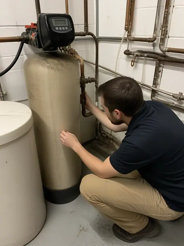 Technician inspecting an industrial water softener system in a utility room in Mesa, AZ.