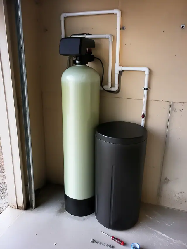 Newly installed water softener system with a resin tank and salt bin in an Apache Junction, AZ residential garage.
