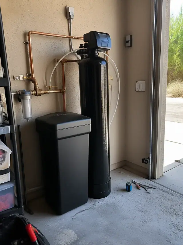 Newly installed black water softener system with copper piping in a Mesa, AZ garage.