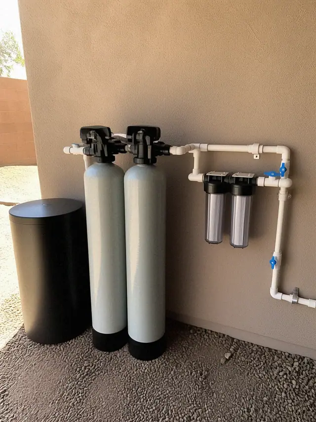 New water softener system with dual tanks and PVC plumbing installed against a home wall in Apache Junction, AZ.