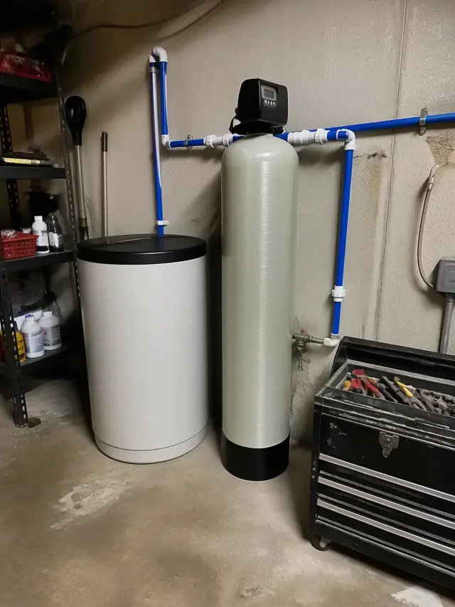 Water filtration system with brine and mineral tanks installed in a Mesa, AZ garage.