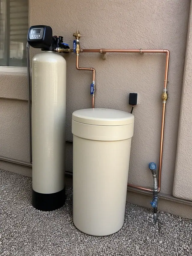 Two beige water softener and filtration tanks with copper piping installed against a stucco wall in Ahwatukee, AZ.