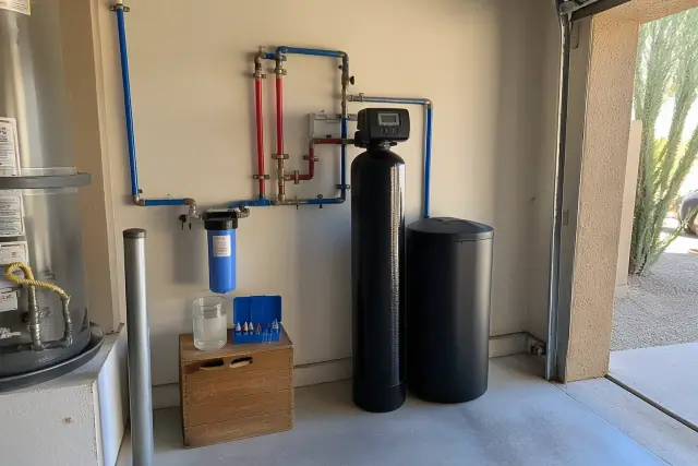 Water softener system installed in a residential garage in Mesa, AZ, with a water testing kit on a wooden crate.