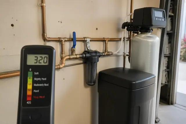 Digital water hardness tester showing high levels on copper plumbing in a residential garage in Mesa, AZ.
