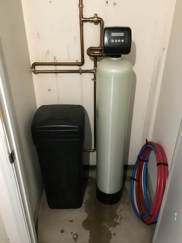 Newly installed water softener system with copper piping in a Glendale, AZ utility closet.