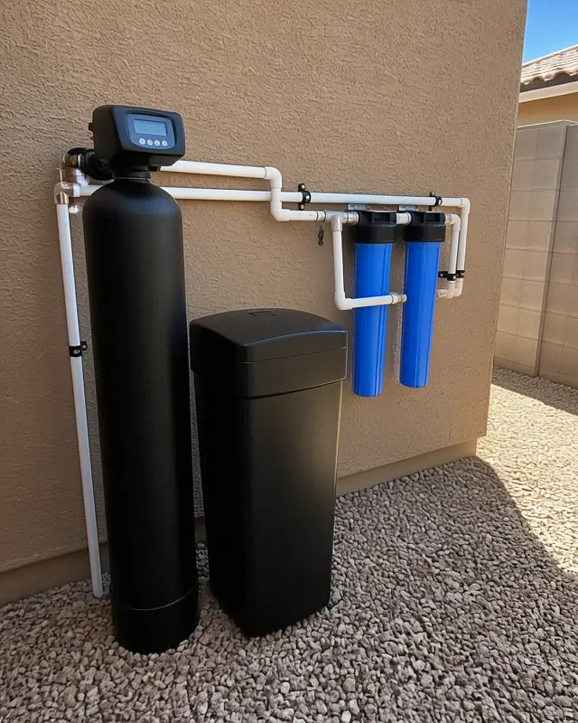 Water softener and filtration system installed on a stucco wall at a home in Peoria, AZ.