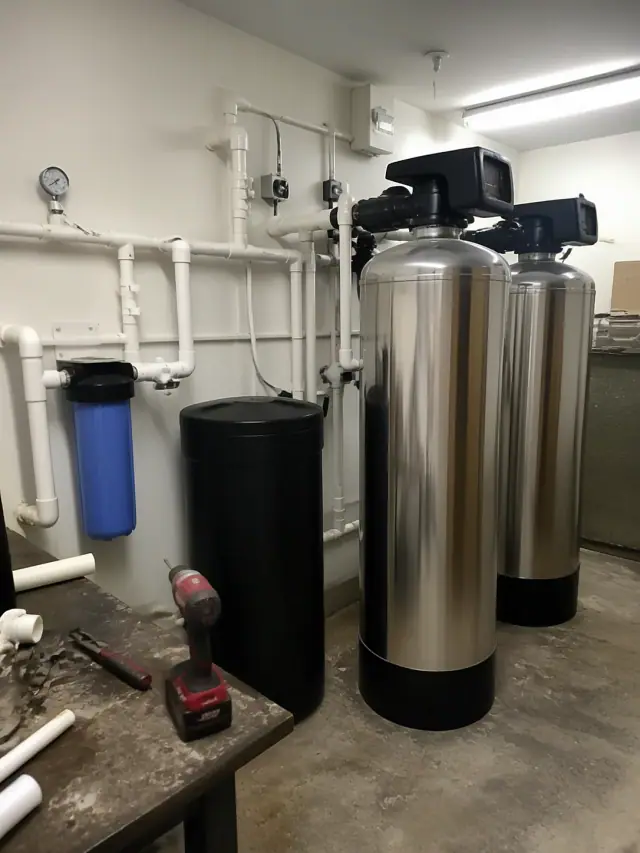 Commercial water softener system with stainless steel tanks and PVC piping in a Gilbert, AZ retail store back room.
