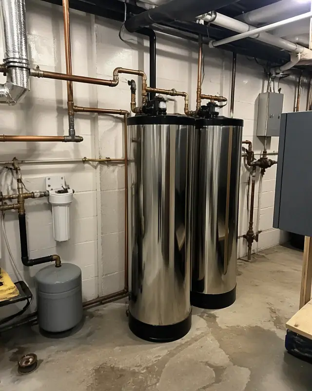 Two stainless steel water conditioner tanks with new copper plumbing installed in a mechanical room in Mesa, AZ.
