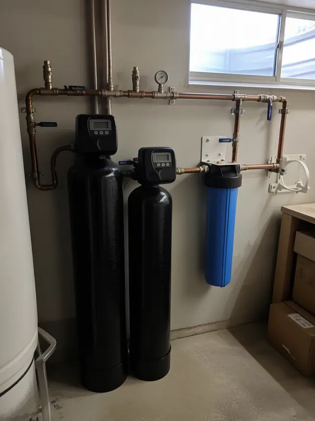 A water filtration system with copper pipes and a pressure gauge mounted on a utility room wall in Mesa, AZ.