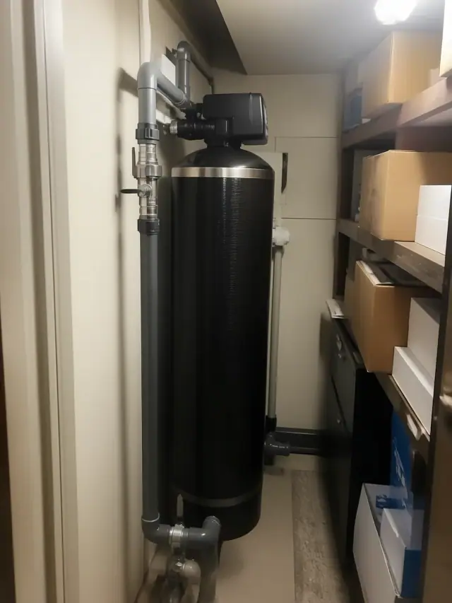 Industrial carbon filtration system installed with PVC piping in a utility closet in Mesa, AZ.
