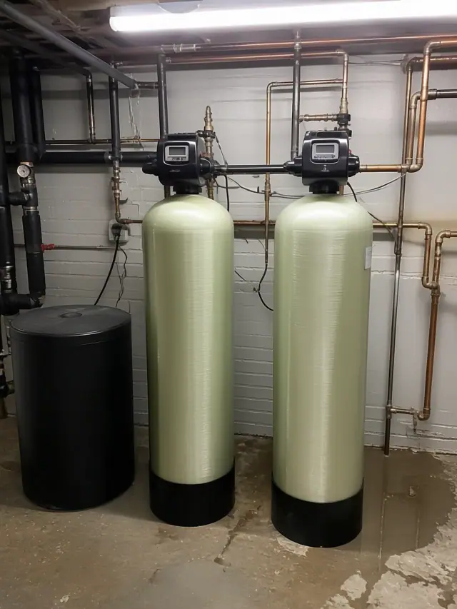 Commercial water softener system with copper piping installed in a mechanical room in Mesa, AZ.
