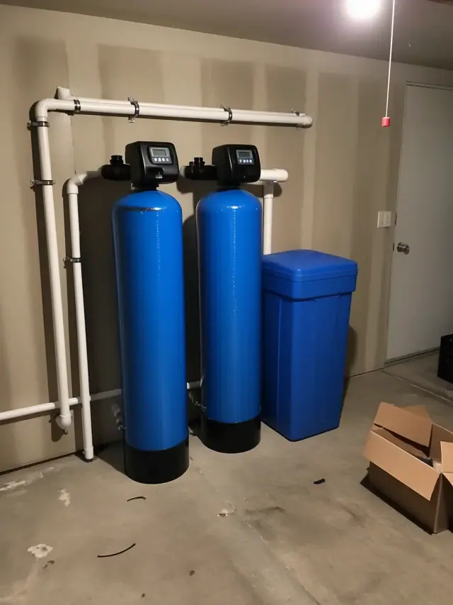 Two blue ion exchange water softener tanks with PVC piping installed in a residential garage in Mesa, AZ.