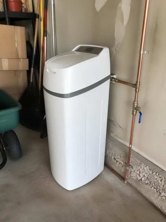 White water softener unit installed with copper pipes in a Mesa, AZ garage.