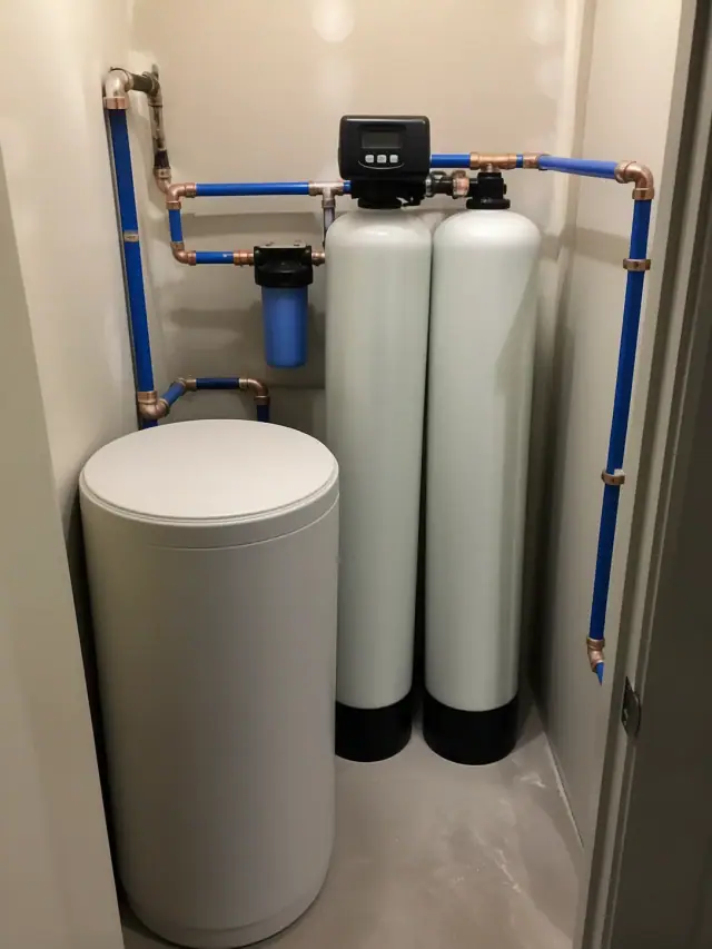 Salt water softener system with white tanks and blue pipes installed in an Ahwatukee, AZ utility closet.