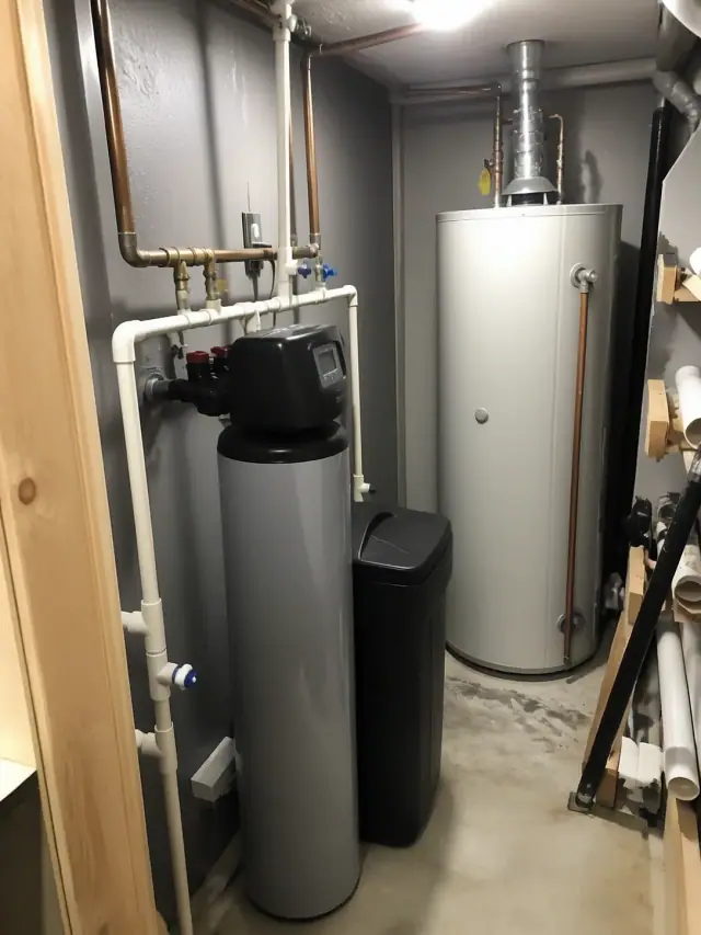 New water softener installation connected to copper pipes in a residential mechanical room in Mesa, AZ.