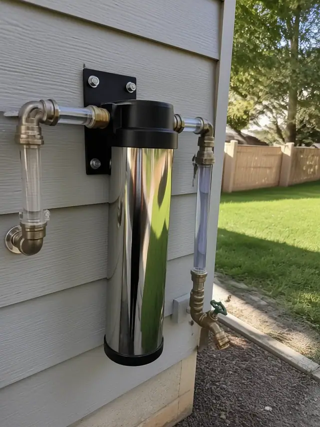 Saltless water softener system with copper piping installed on a garage wall in Mesa, AZ.