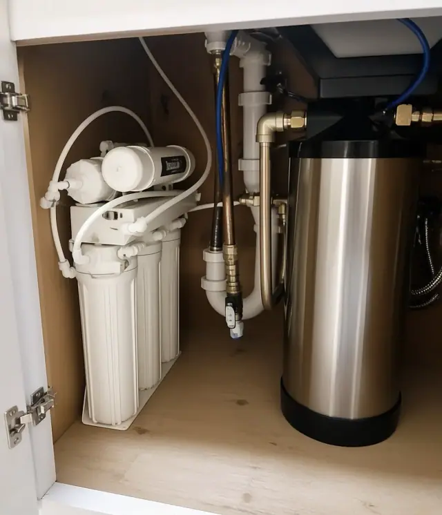 Reverse osmosis water filtration system installed under a kitchen sink in Mesa, AZ.