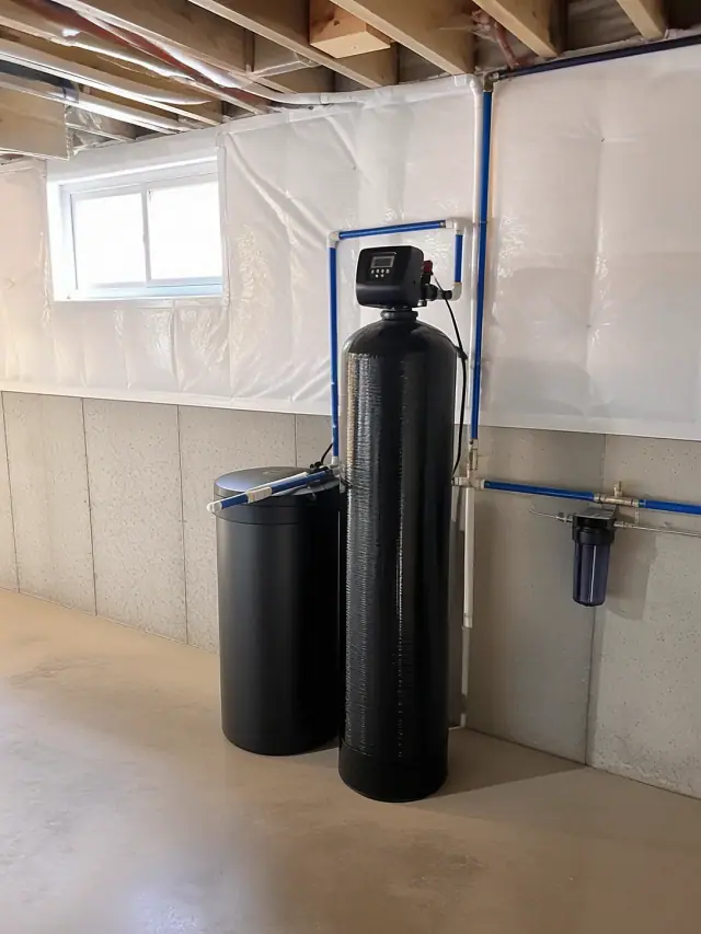 Water filtration system with blue and white plumbing pipes installed in a residential basement in Mesa, AZ.