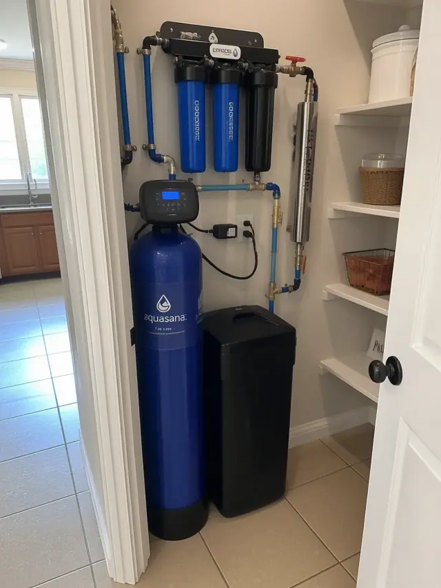 Water softener and carbon filtration system installed on a wall in a residential pantry in Peoria, AZ.