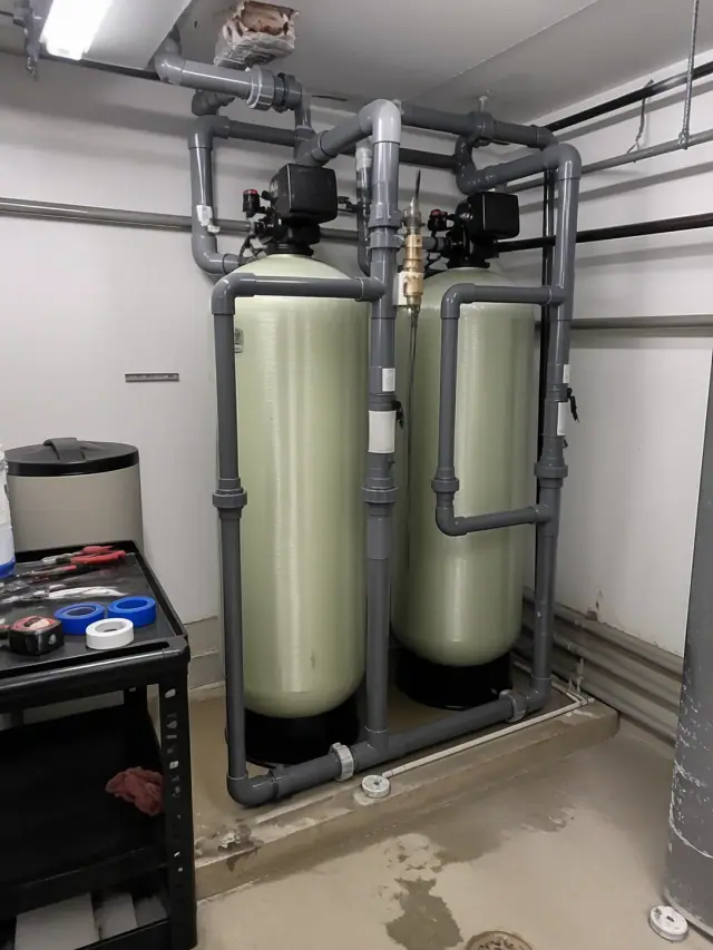Commercial water softener installation with PVC piping in a mechanical room in Mesa, AZ.