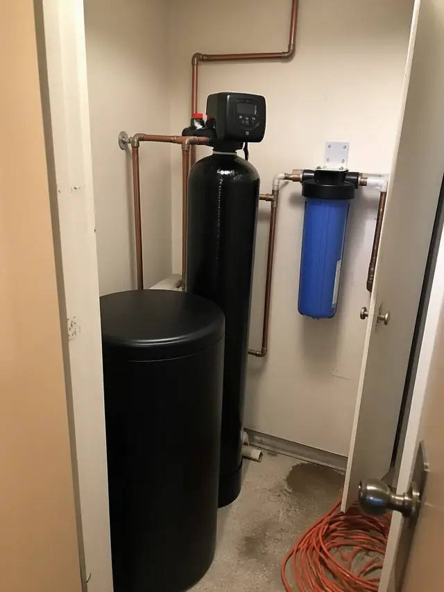 Salt water softener system with copper piping installed in a utility closet in Phoenix, AZ.