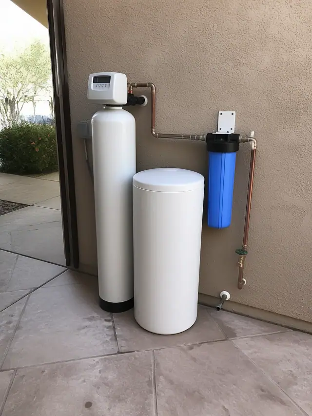 Newly installed water softener system with white tanks and copper plumbing against a stucco wall in Scottsdale, AZ.