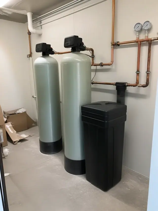 Commercial water softener system with industrial resin tanks and copper piping installed in Queen Creek, AZ.