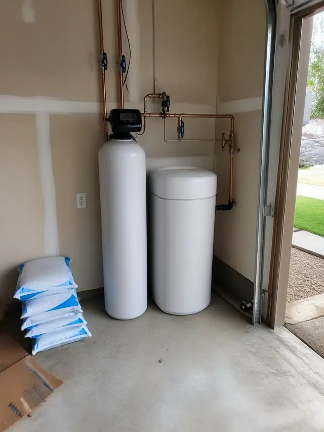 Water softener system with white tanks and copper pipes installed in a garage in Mesa, AZ.