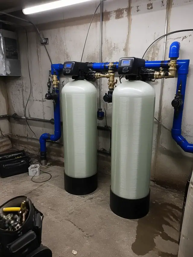 Commercial water softener tanks with blue piping and brass valves installed in a mechanical room in Mesa, AZ.