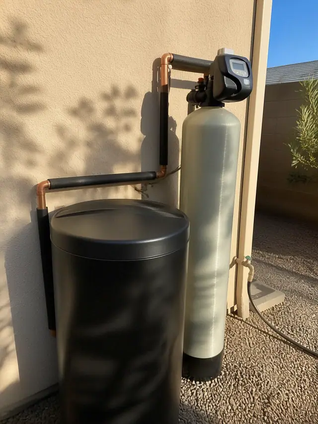 New water softener system with copper piping installed against a stucco house in Phoenix, AZ.