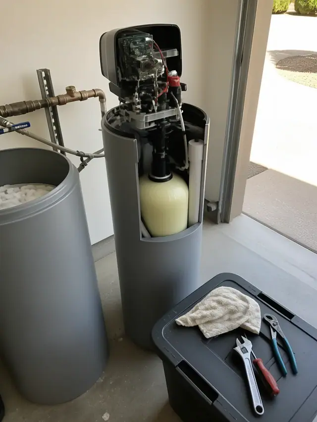 Water softener repair in progress with tools on a bin inside a garage in Mesa, AZ.
