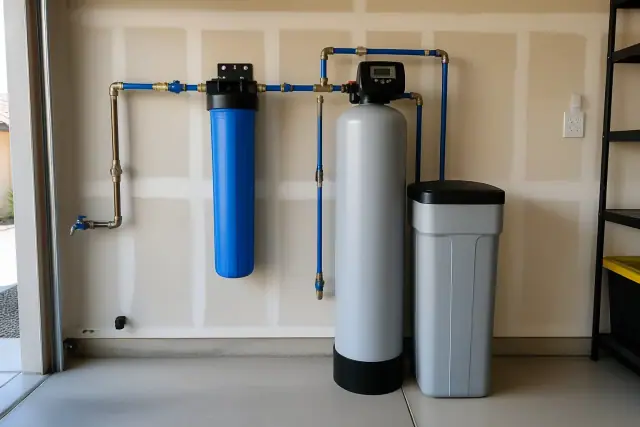 Whole-house water filtration and softener system installed on a garage wall in Mesa, AZ.