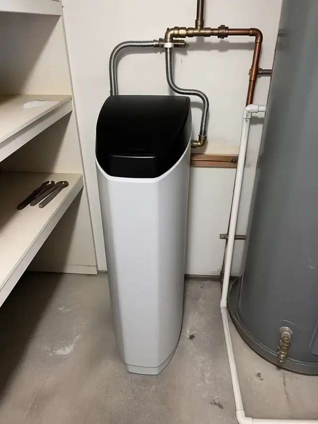 New saltless water softener with stainless steel hoses installed in an Apache Junction, AZ apartment utility closet.