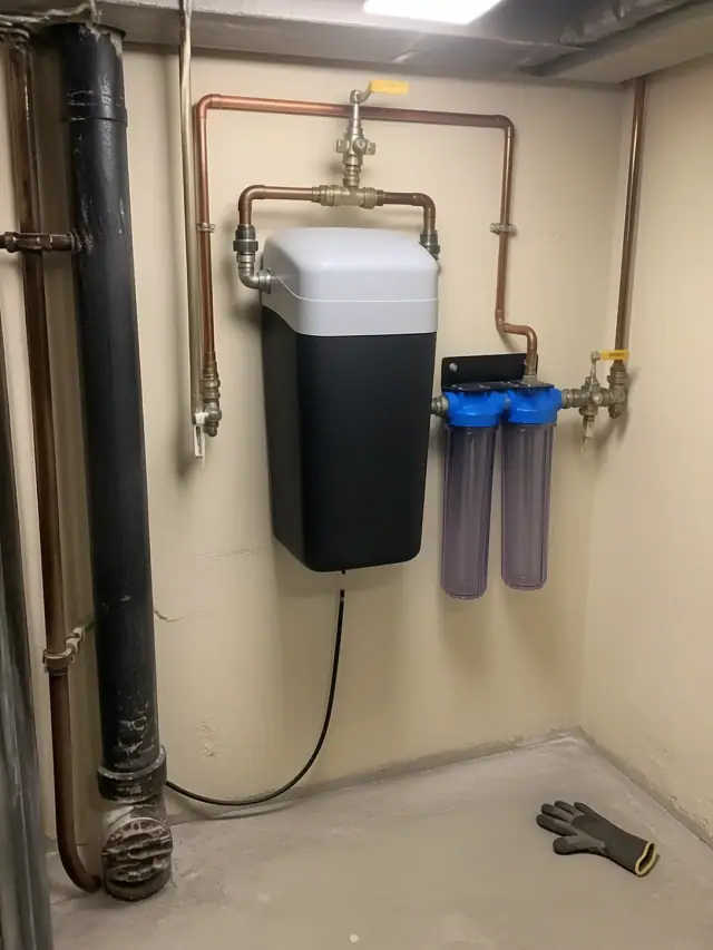 Saltless water softener with copper piping installed in a mechanical room in Glendale, AZ.