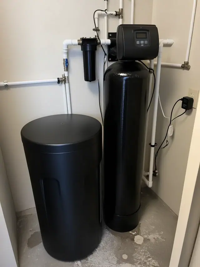 Salt water softener installation with a brine tank and PEX piping in a Queen Creek, AZ utility closet.