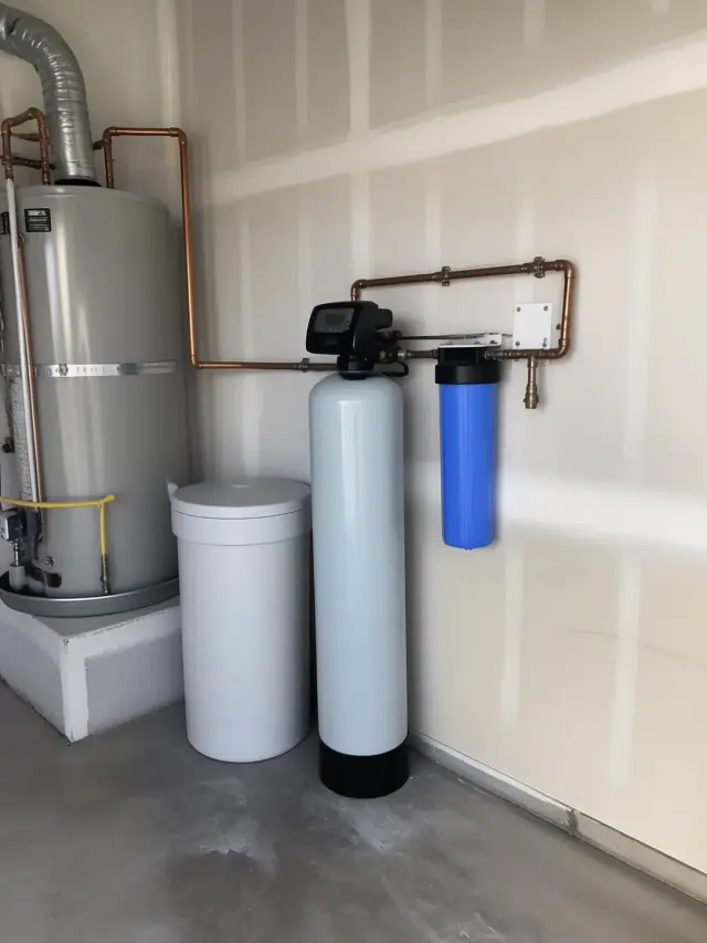 Water softener and filtration system with copper piping installed in a Chandler, AZ garage next to a water heater.