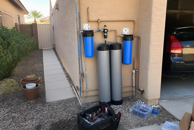 Water filtration system installation in progress at a home in Mesa, AZ, showing exposed tubing and brass fittings.