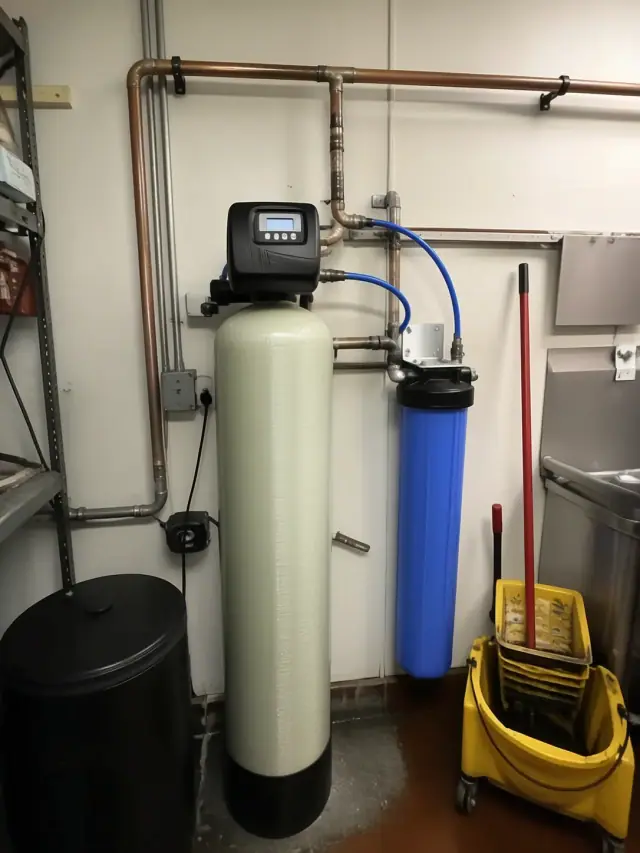 Industrial water softener and filtration system with copper piping in a Scottsdale, AZ restaurant kitchen.