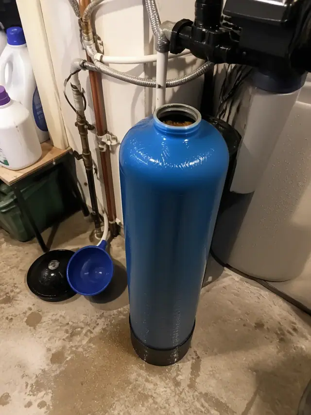 Completed resin bed replacement on a water softener in a Mesa, AZ utility room.
