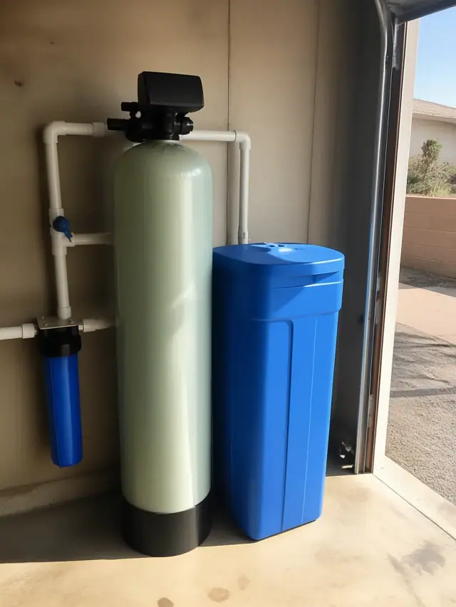 Water filtration system with a resin tank and blue brine cabinet installed in a garage in Mesa, AZ.
