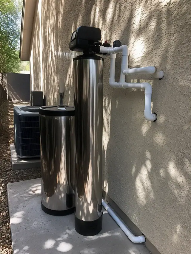 Newly installed water softener system with two tanks and white PVC pipes on a home exterior in Glendale, AZ.