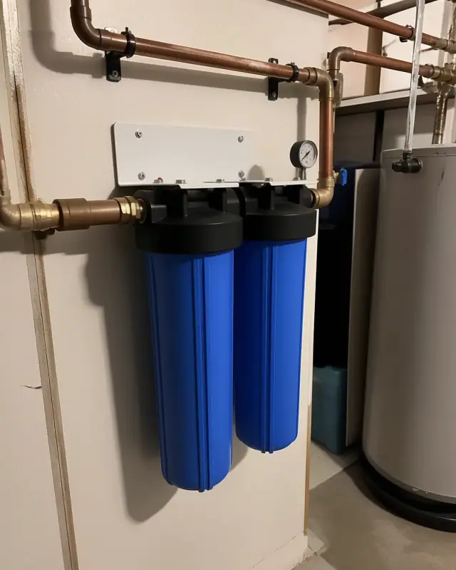 Dual water filtration system with copper piping installed in a residential utility room in Mesa, AZ.