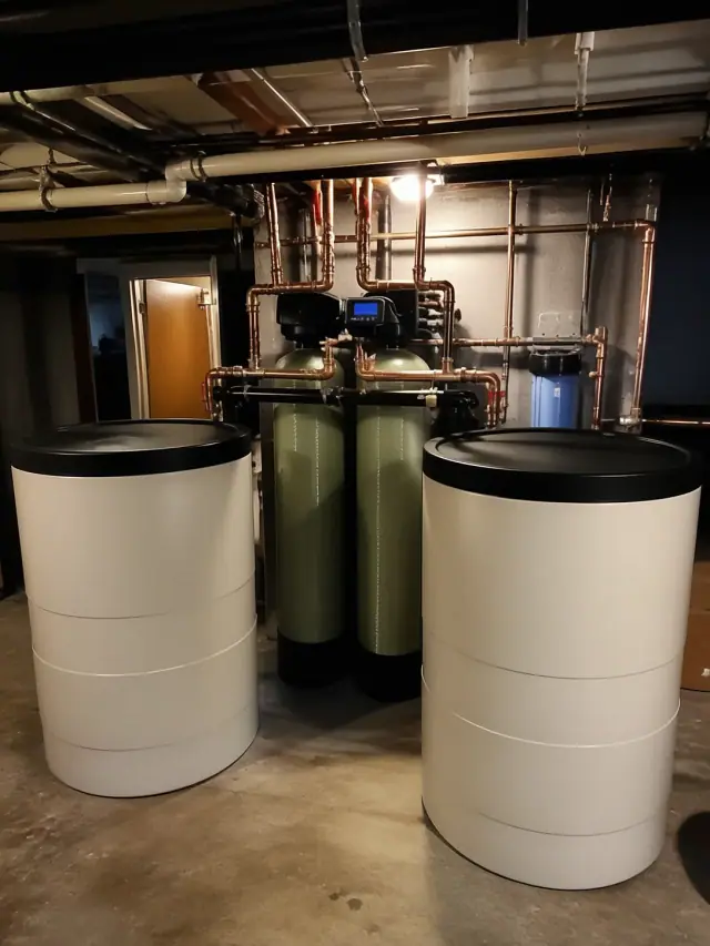 Commercial water softener system with copper piping installed in a basement mechanical room in Mesa, AZ.