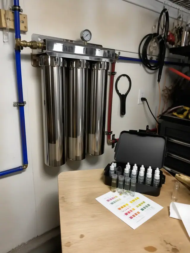 Stainless steel water filtration system installed on a garage wall in Mesa, AZ.