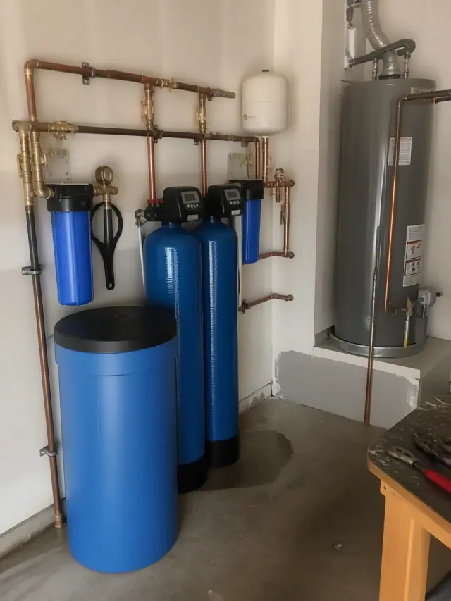 New water softener and filtration system installed in a garage in Tempe, AZ.