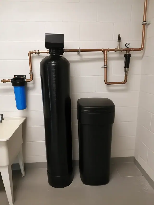 Water filtration system with carbon tank and scale prevention unit installed in a Mesa, AZ office utility room.